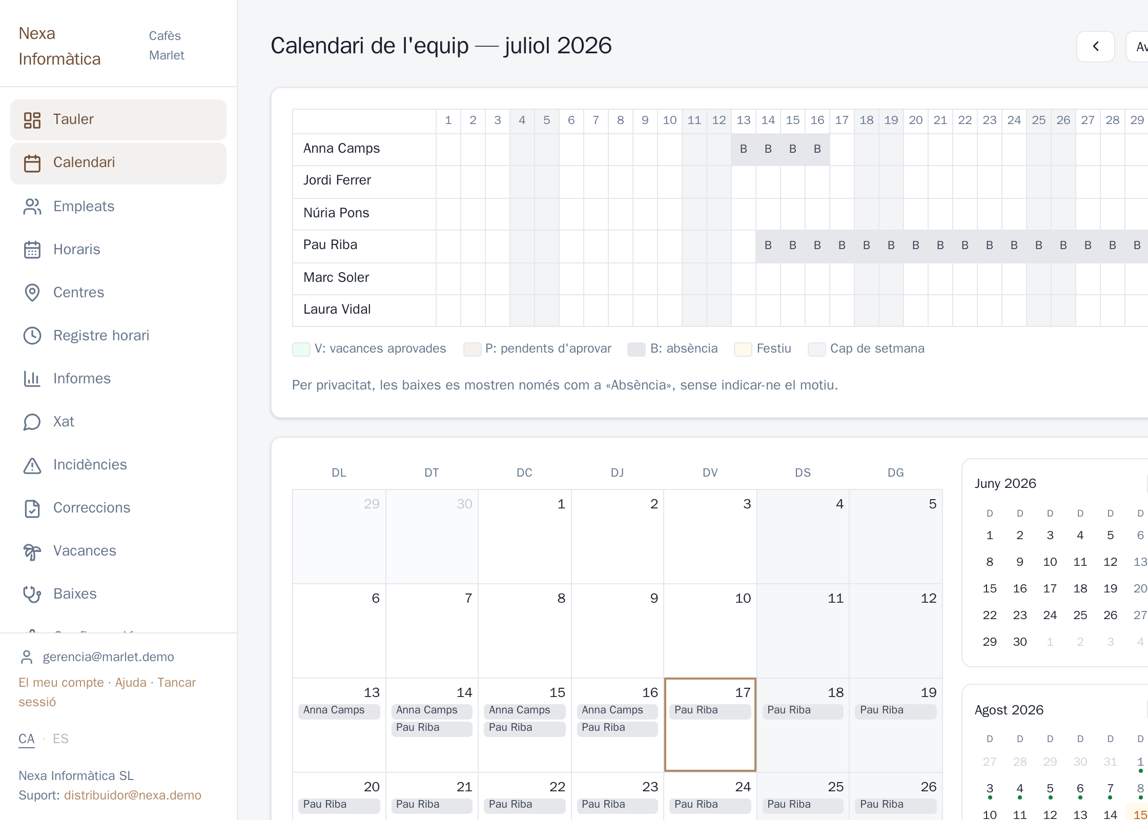 Vacances, baixes i calendari d'equip